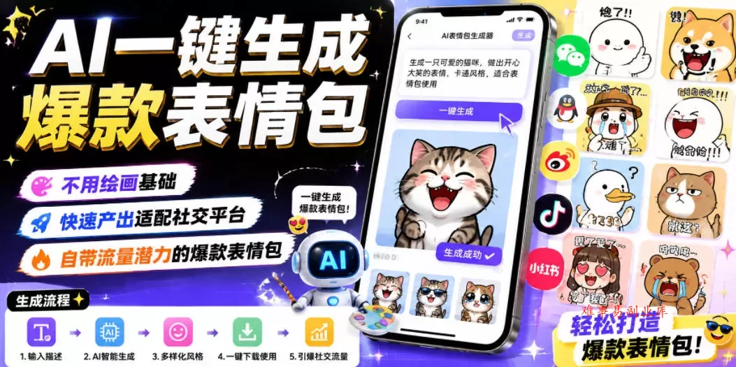 AI一键生成爆款表情包，不用绘画基础，快速产出适配社交平台，自带流量潜力的爆款表情包-难事易副业库