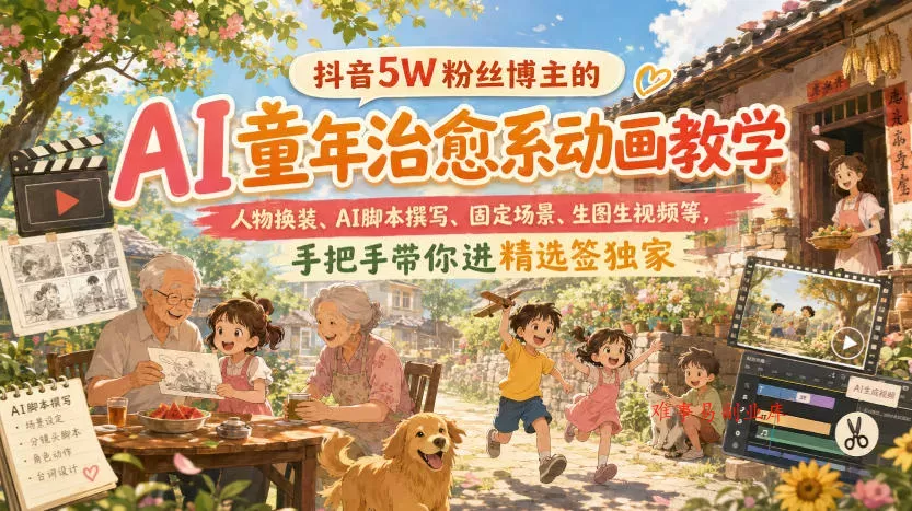 抖音5W粉丝博主的AI童年治愈系动画教学，人物换装、AI脚本撰写、固定场景、生图生视频等，手把手带你进精选签独家-难事易副业库