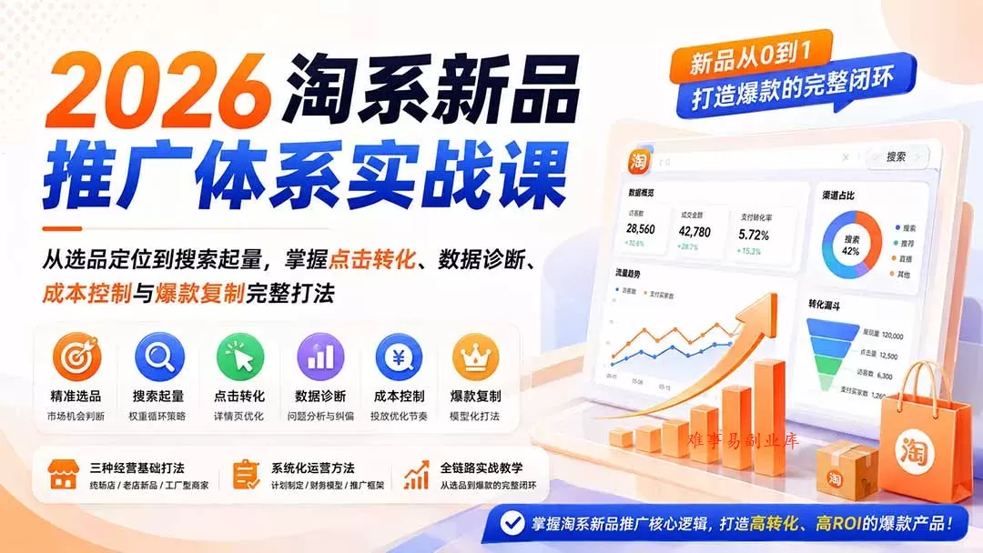 2026淘系新品推广体系实战课：从选品定位到搜索起量，掌握点击转化、数据诊断、成本控制与爆款复制完整打法