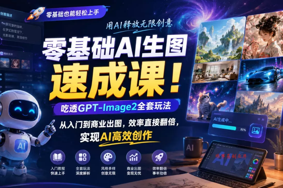 零基础AI生图速成课!吃透GPT-Image2全套玩法,从入门到商业出图,效率直接翻倍,实现AI高效创作 零基础AI生图速成课!吃透GPT-Image2全套玩法,从入门到商业出图,效率直接翻倍,实现AI高效创作