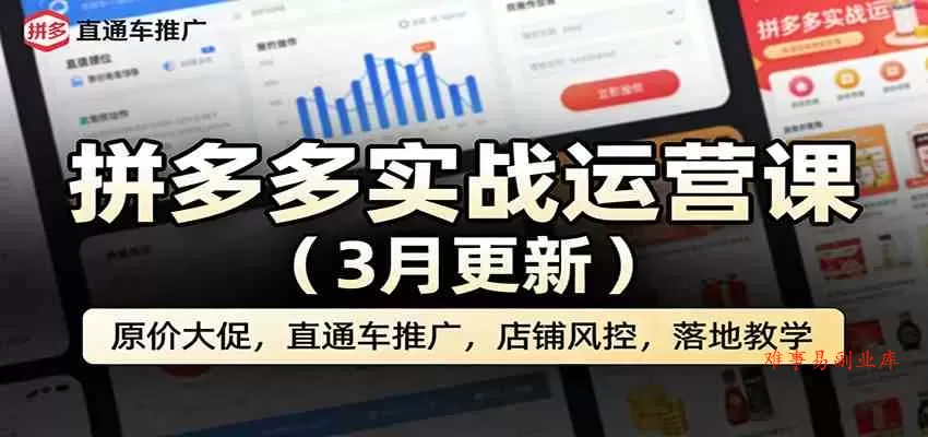 拼多多实战运营课（3月更新）：原价大促，直通车推广，店铺风控，落地教学-难事易副业库