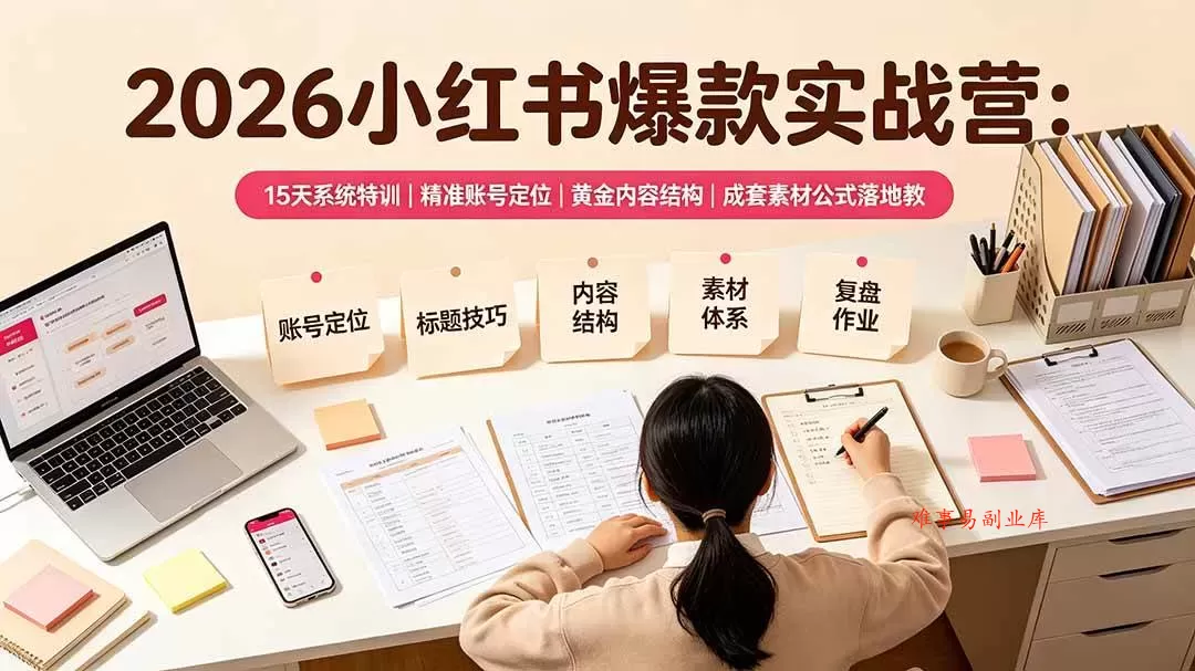 （19332期）2026小红书爆款实战营：15天系统特训｜精准账号定位｜黄金内容结构｜成套素材公式落地教程-难事易副业库