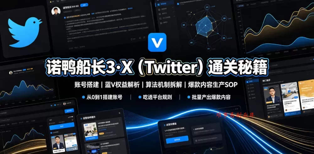 诺鸭船长3·X（Twitter）通关秘籍，涵盖账号搭建、蓝V权益解析、算法机制拆解及爆款内容生产SOP-难事易副业库