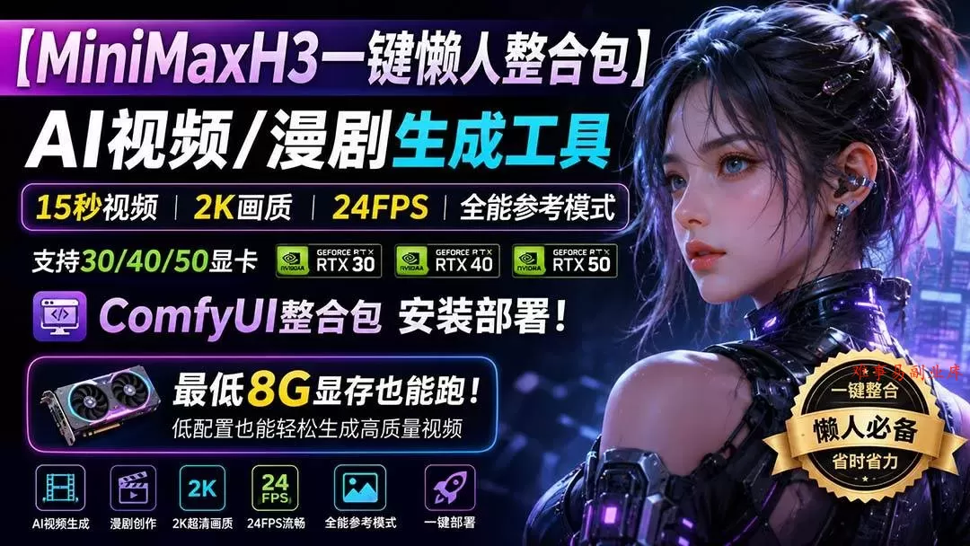 （20130期）MiniMaxH3一键懒人整合包：AI视频/漫剧生成工具，15秒视频_2K画质_24FPS_全能模式，支持30_40_50显卡，8g显存也能跑-难事易副业库