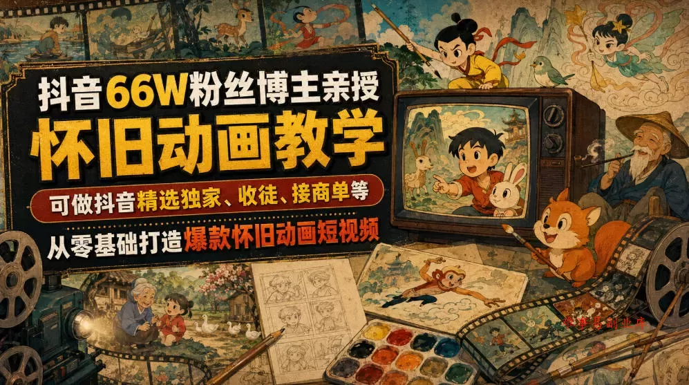 抖音66W粉丝博主亲授怀旧动画教学，可做抖音精选独家、收徒、接商单等，从零基础打造爆款怀旧动画短视频-难事易副业库