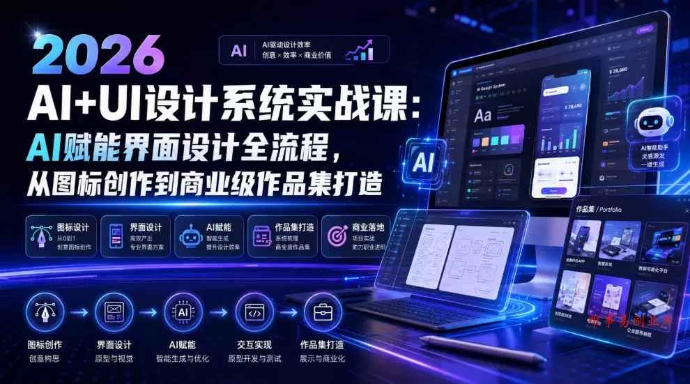 2026 AI+UI设计系统实战课:AI赋能界面设计全流程,从图标创作到商业级作品集打造 2026 AI+UI设计系统实战课:AI赋能界面设计全流程,从图标创作到商业级作品集打造