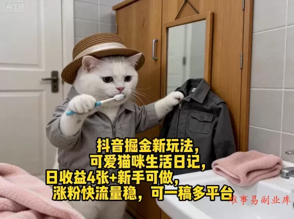 抖音掘金新玩法，可爱猫咪生活日记，日收益4张+新手可做，涨粉快流量稳，可一稿多平台-难事易副业库