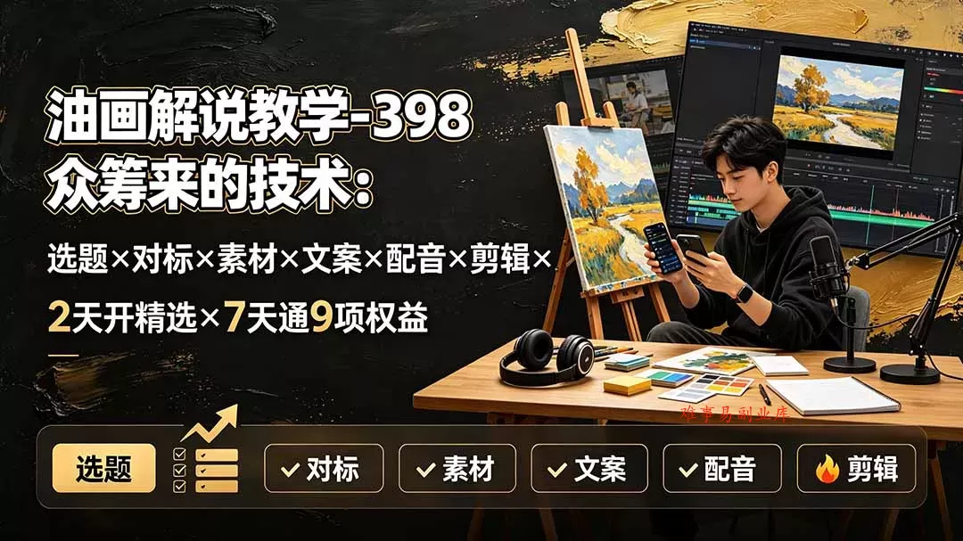 油画解说教学-398众筹来的技术：选题×对标×素材×文案×配音×剪辑×2天开精选×7天通9项权益-难事易副业库