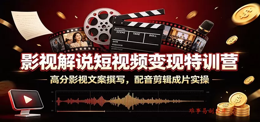 影视解说短视频变现特训营：高分影视文案撰写，配音剪辑成片实操-难事易副业库