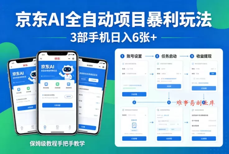 京东AI全自动项目暴利玩法，3部手机日入6张+，保姆级教程手把手教学【揭秘】-难事易副业库