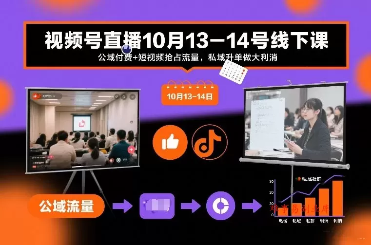 视频号直播10月13-14号线下课，公域付费+短视频抢占流量，私域升单做大利消-难事易副业库