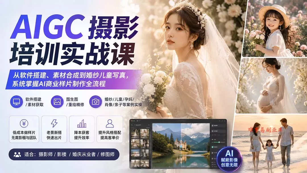 AIGC摄影培训实战课：从软件搭建、素材合成到婚纱儿童写真，系统掌握AI商业样片制作全流程-难事易副业库
