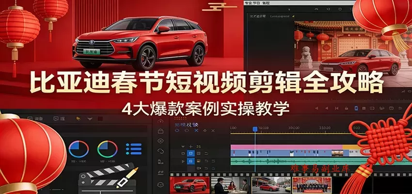 比亚迪春节短视频剪辑全攻略，4大爆款案例实操教学-难事易副业库