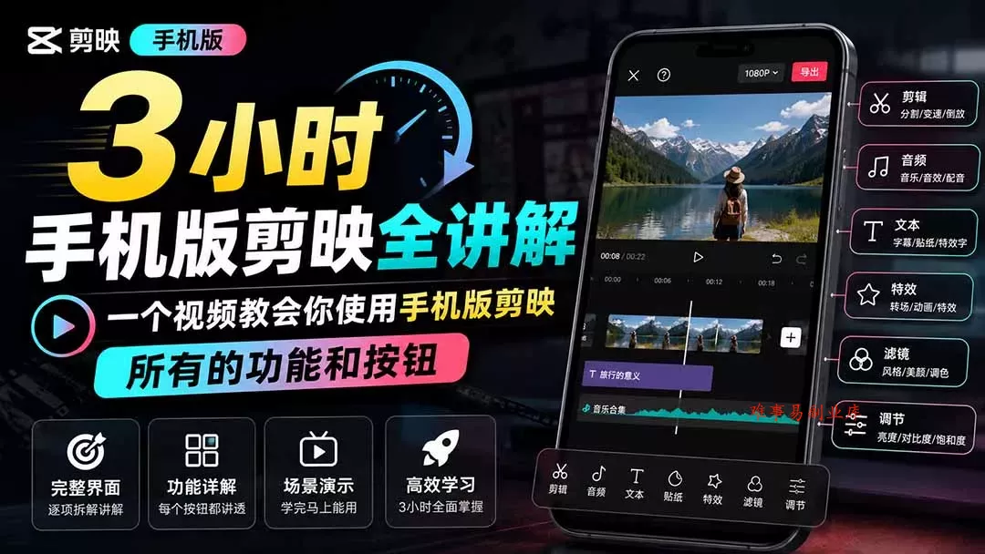 3小时手机版剪映全讲解，一个视频教会你使用手机版剪映，所有的功能和按钮-难事易副业库