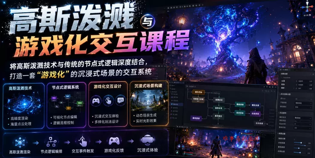 高斯泼溅与游戏化交互课程，将高斯泼溅技术与传统的节点式逻辑深度结合，打造一套“游戏化”的沉浸式场景的交互系统-难事易副业库