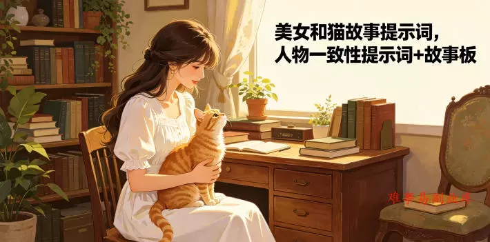 美女和猫故事提示词，人物一致性提示词+故事板-难事易副业库