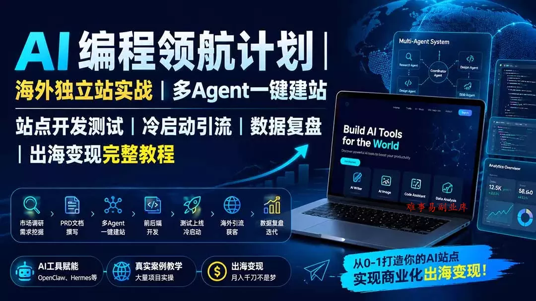 AI编程领航计划｜海外独立站实战｜多Agent一键建站｜站点开发测试｜冷启动引流｜数据复盘｜出海变现完整教程-难事易副业库