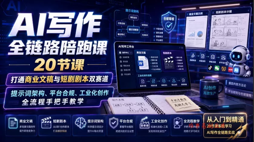 AI写作全链路陪跑课｜20节课打通商业文稿与短剧剧本双赛道，提示词架构、平台合规、工业化创作全流程手把手教学-难事易副业库