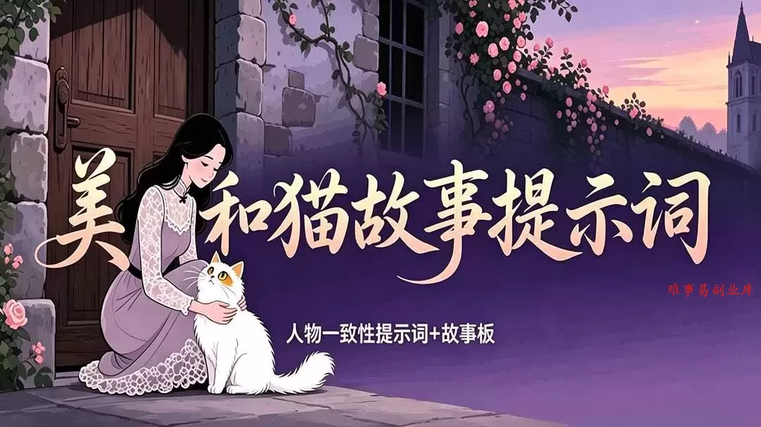 （18909期）美女和猫故事提示词，人物一致性提示词+故事板-难事易副业库