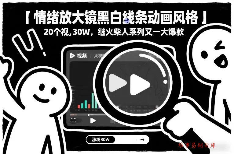 情绪放大镜黑白线条动画风格，20个视频，涨粉30W，继火柴人系列又一大爆款-难事易副业库
