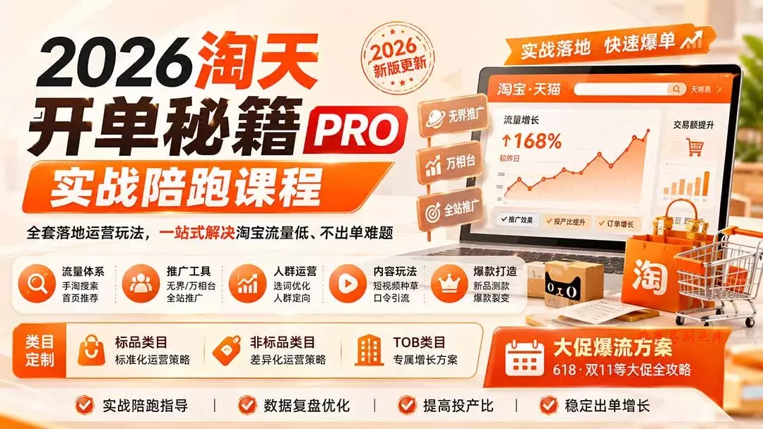 2026淘天开单秘籍PRO实战陪跑课程：全套落地运营玩法，一站式解决淘宝流量低、不出单难题(更新260823