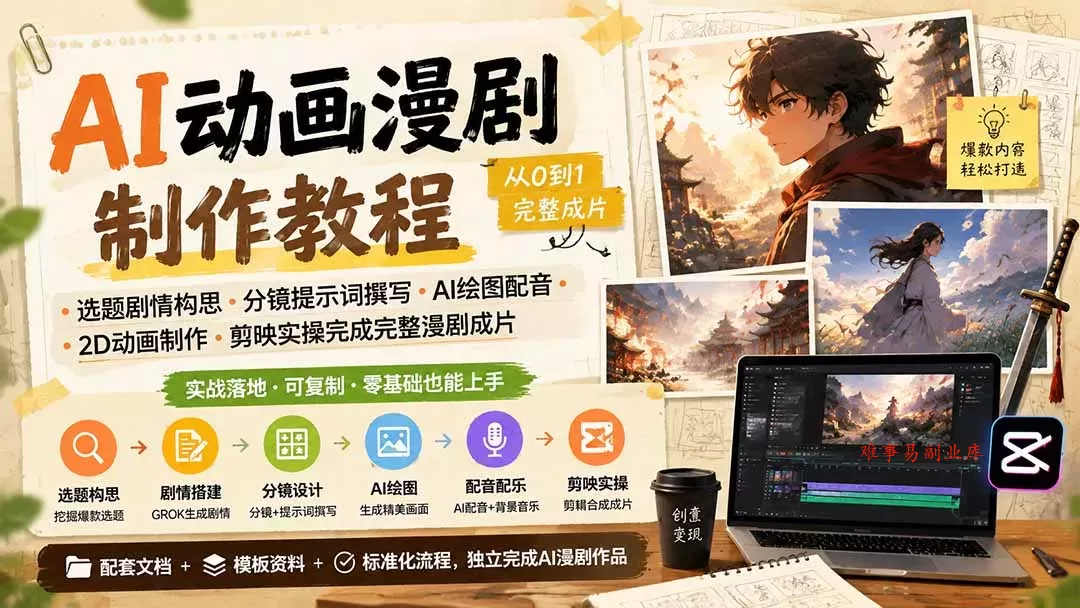 AI动画漫剧制作教程｜选题剧情构思·分镜提示词撰写·AI绘图配音·2D动画制作·剪映实操完成完整漫剧成片-难事易副业库