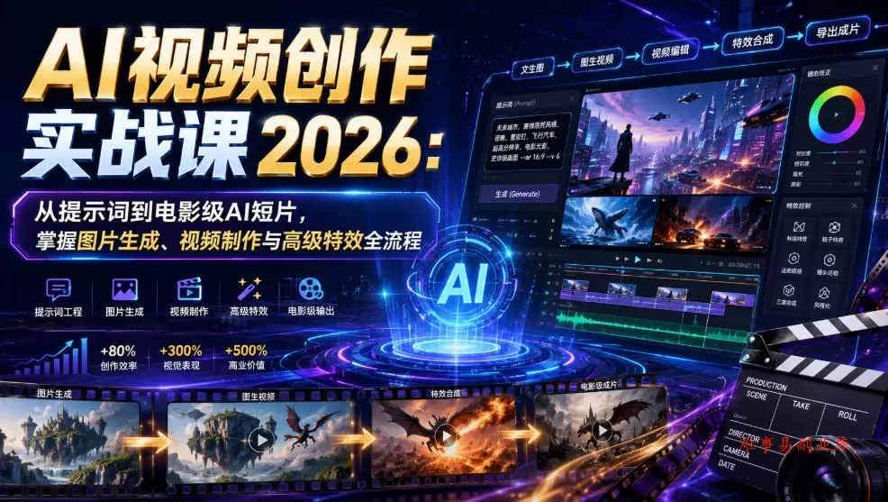 AI视频创作实战课2026：从提示词到电影级AI短片，掌握图片生成、视频制作与高级特效全流程-难事易副业库
