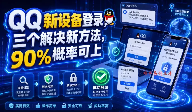 QQ新设备登录，三个解决新方法，90%概率可上-难事易副业库