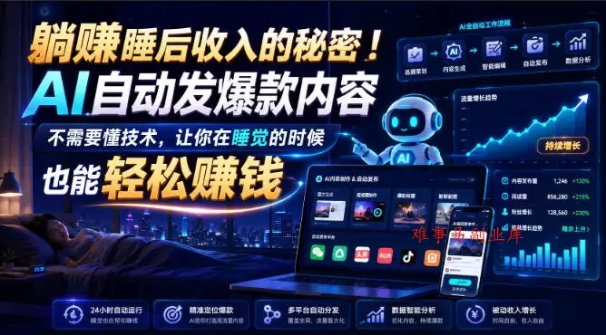 躺賺睡后收入的秘密！AI自动发爆款内容，不需要懂技术，让你在睡觉的时候也能轻松賺钱【原创双语字幕】-难事易副业库