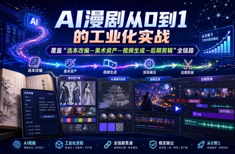 AI漫剧从0到1的工业化实战，覆盖“选本改编—美术资产—视频生成—后期剪辑”全链路（更新6月）-难事易副业库