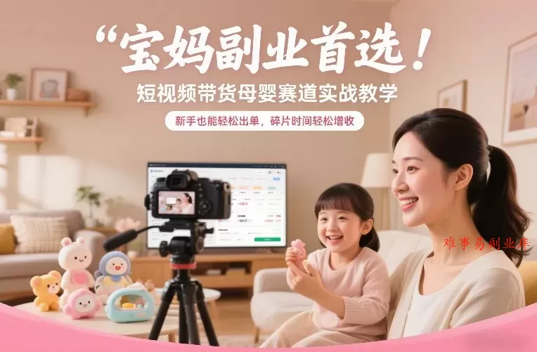 宝妈副业首选！短视频带货母婴赛道实战教学，新手也能轻松出单，碎片时间轻松增收-难事易副业库