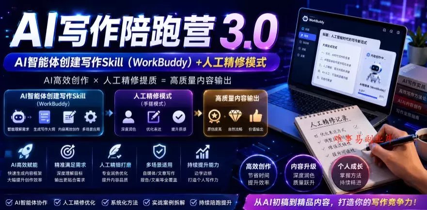 AI写作陪跑营3.0，Ai智能体创建写作skill（workbuddy）+人工手写模式（手搓模式），去除AI痕迹（头条号、公众号、百家号）-难事易副业库