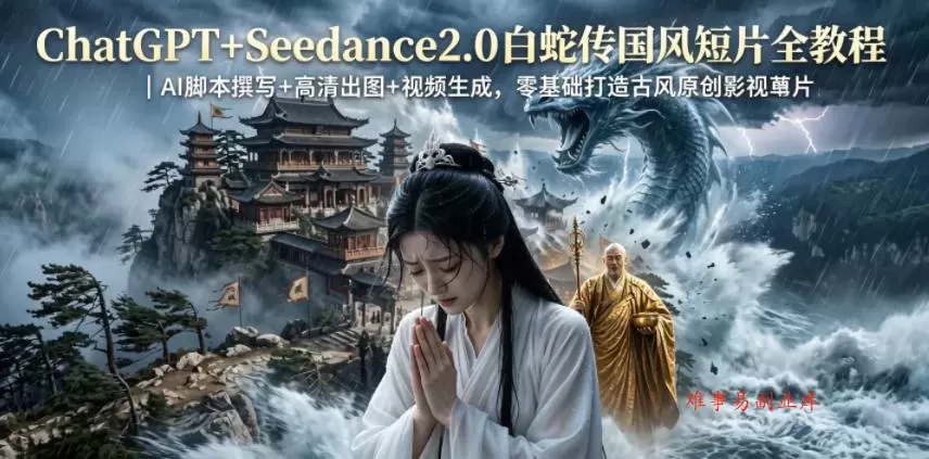 ChatGPT+Seedance2.0白蛇传国风短片全教程｜AI脚本撰写+高清出图+视频生成，零基础打造古风原创影视短片-难事易副业库