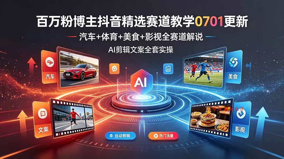百万粉博主抖音精选赛道教学-0701更新，汽车+体育+美食+影视全赛道解说，AI剪辑文案全套实操-难事易副业库