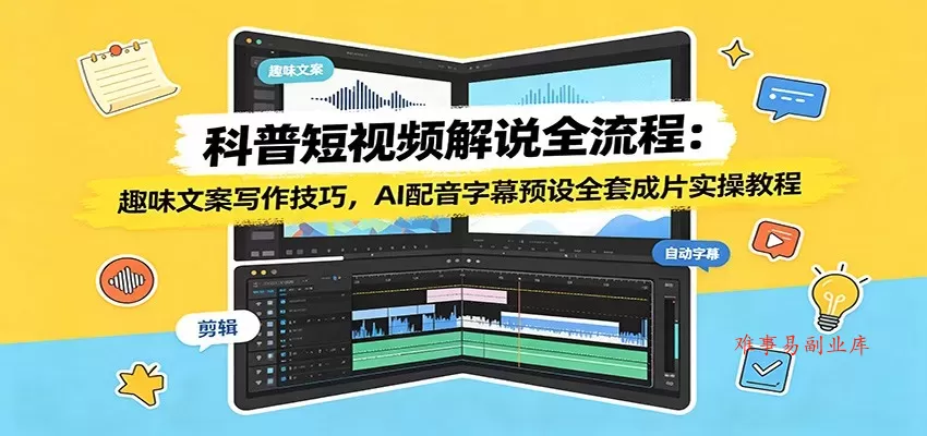 科普短视频解说全流程：趣味文案写作技巧，AI配音字幕预设全套成片实操教程-难事易副业库