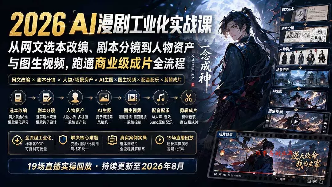2026 AI漫剧工业化实战课-更新：从网文选本改编、剧本分镜到人物资产与图生视频，跑通商业级成片全流程-难事易副业库