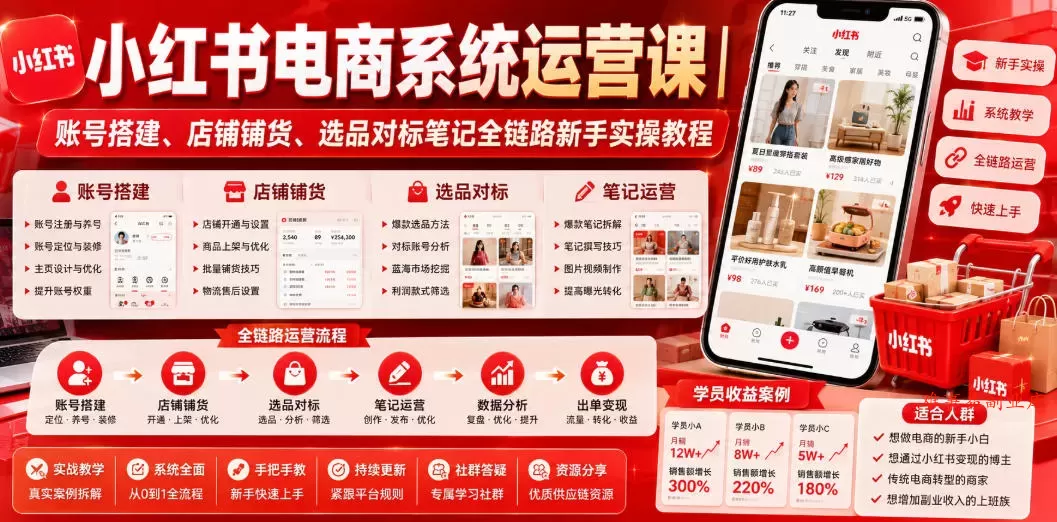 小红书电商系统运营课｜账号搭建、店铺铺货、选品对标笔记全链路新手实操教程-难事易副业库