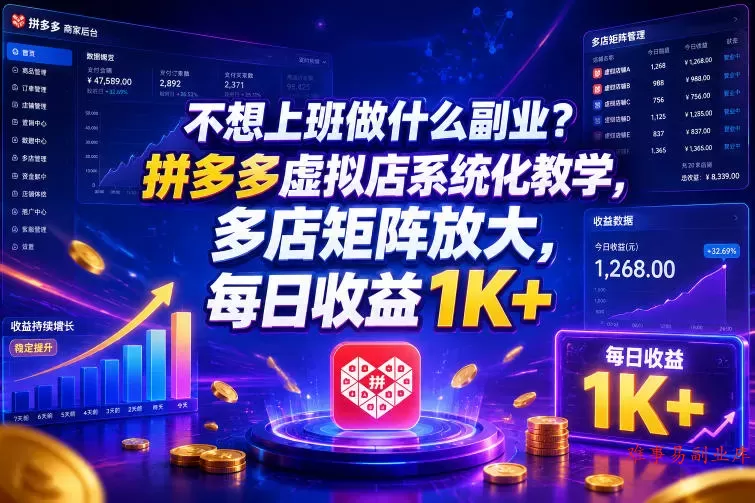 不想上班做什么副业？拼多多虚拟店系统化教学，多店矩阵放大，每日收益1K+【揭秘】-难事易副业库