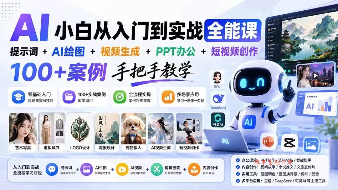 （20018期）AI小白从入门到实战全能课：提示词+AI绘图+视频生成+PPT办公+短视频创作，100+案例手把手教学-难事易副业库