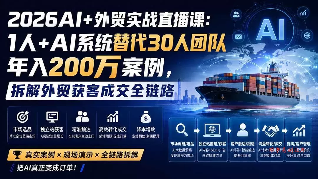 （20196期）2026AI+外贸实战直播课：1人+AI系统替代30人团队年入200万案例，拆解外贸获客成交全链路-难事易副业库