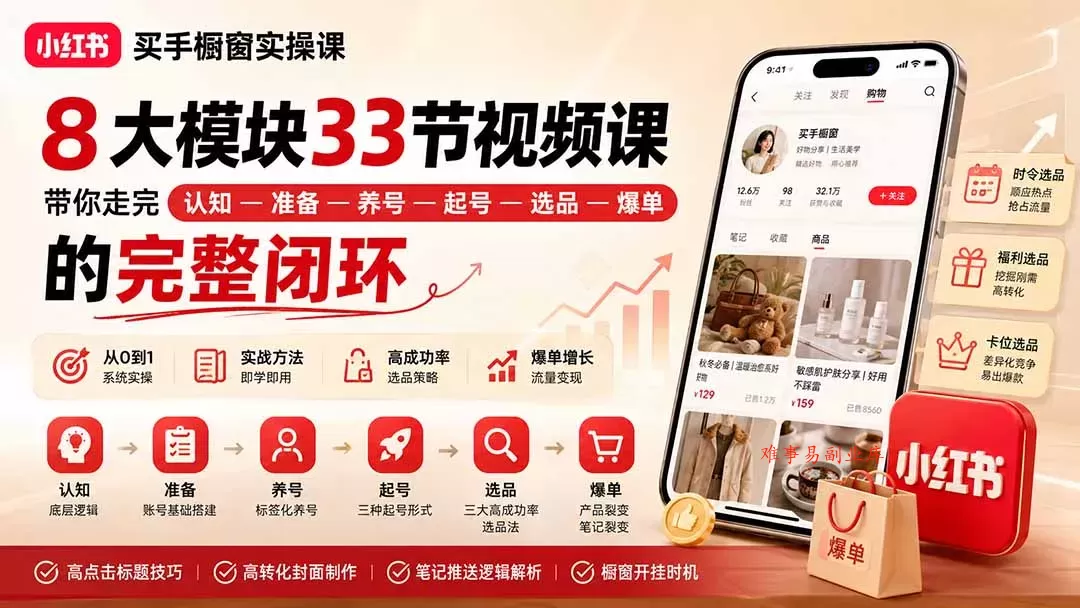小红书买手橱窗实操课：8大模块33节视频课，带你走完”认知—准备—养号—起号—选品—爆单”的完整闭环-难事易副业库