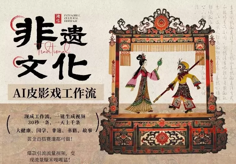 AI一键生成民俗文化非遗皮影戏视频,一刀不剪无需剪辑,30S一条,一天上百条,流量财富嘎嘎猛-难事易副业库