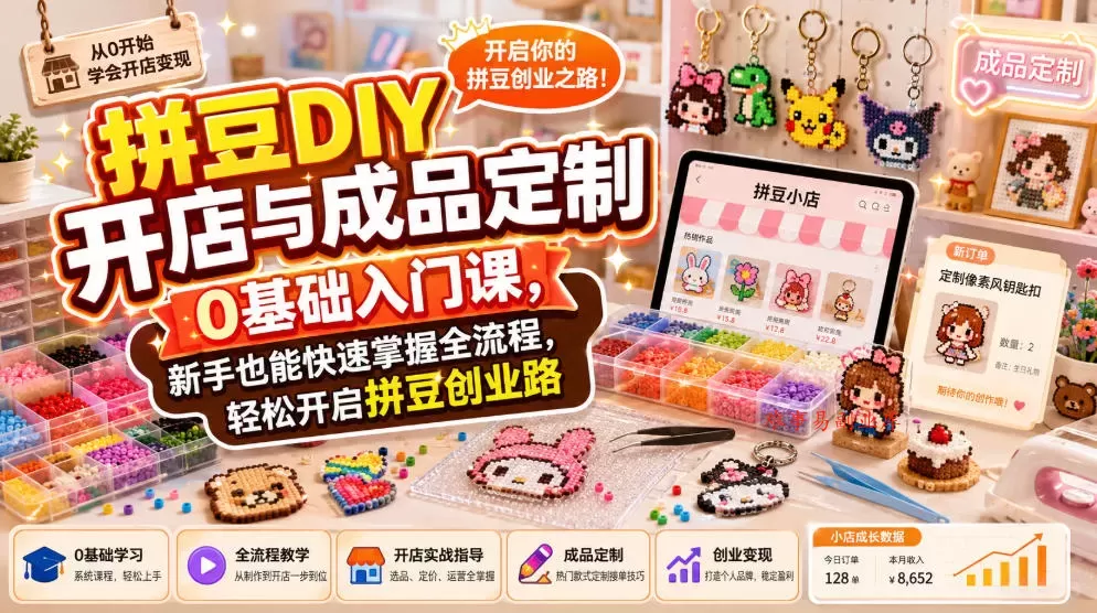 拼豆DIY开店与成品定制0基础入门课，新手也能快速掌握全流程，轻松开启拼豆创业路-难事易副业库