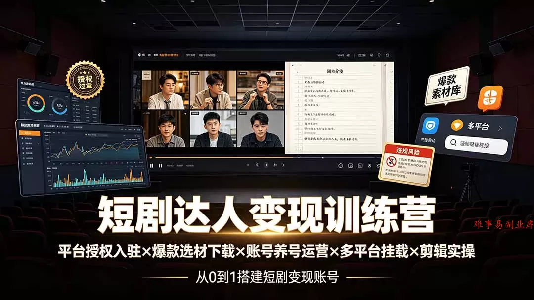 短剧达人变现训练营：平台授权入驻×爆款选材下载×账号养号运营×多平台挂载×剪辑实操×违规处理全流程-难事易副业库