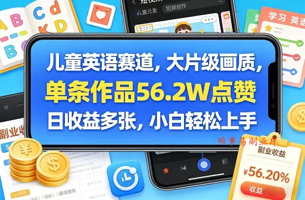 儿童英语赛道，大片级画质，单条作品56.2W点赞，日收益多张，小白轻松上手-难事易副业库