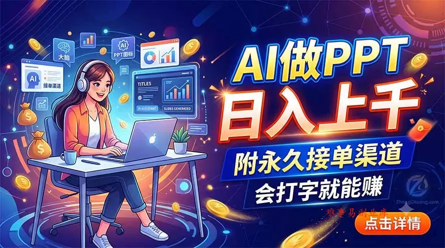 AI做PPT日入上千，附永久接单渠道，会打字就能赚-难事易副业库