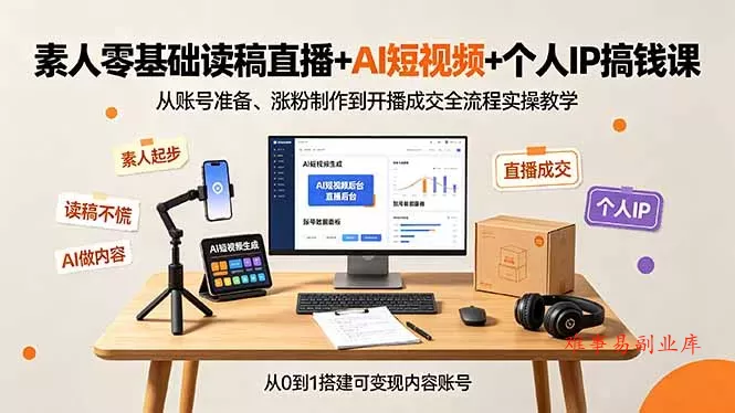 素人零基础读稿直播+AI短视频+个人IP搞钱课，从账号准备、涨粉制作到开播成交全流程实操教学-难事易副业库