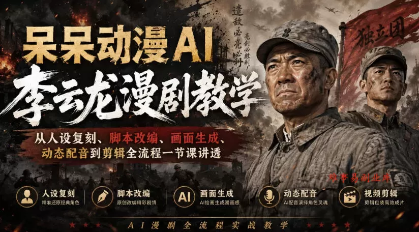 呆呆动漫AI李云龙漫剧教学，从人设复刻、脚本改编、画面生成、动态配音到剪辑全流程一节课讲透-难事易副业库