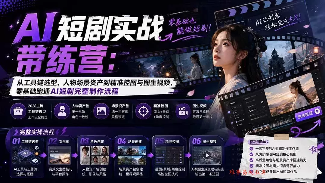 （20064期）AI短剧实战训练营：从工具链选型、人物场景资产到精准控图与图生视频，零基础跑通AI短剧完整制作流程