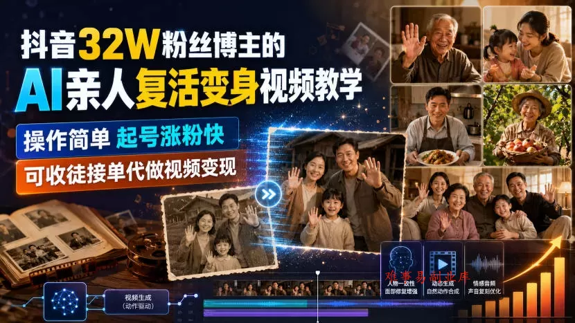 抖音32W粉丝博主的AI亲人复活变身视频教学，操作简单，起号涨粉快，可收徒接单代做视频变现-难事易副业库